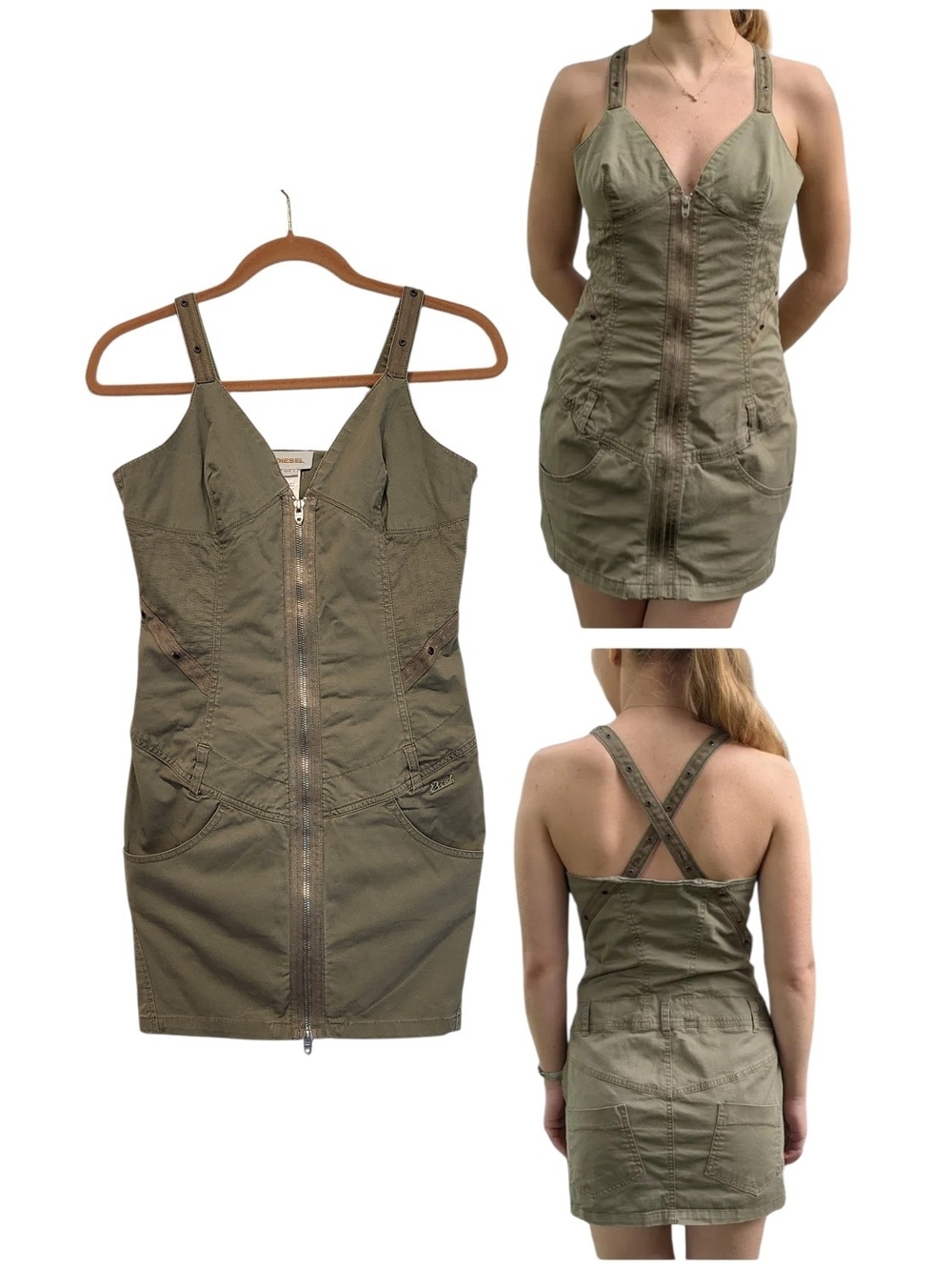 Diesel Olive Green Utility Cargo Zip Front Cross Back Vintage Mini Dress Y2K L